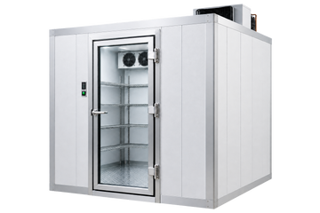 Commercial walk-in coolers for food storage with a transparent door and heavy-duty insulation.