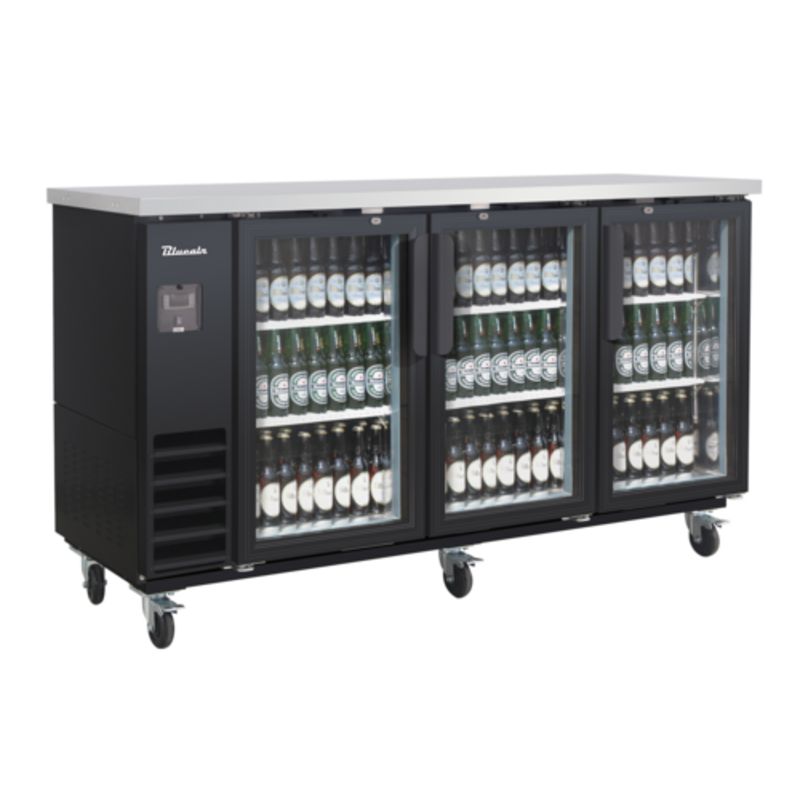 Blue Air BLNBB-72BG-HC 73-Inch Narrow Depth 3-Door Glass Back Bar Refrigerator