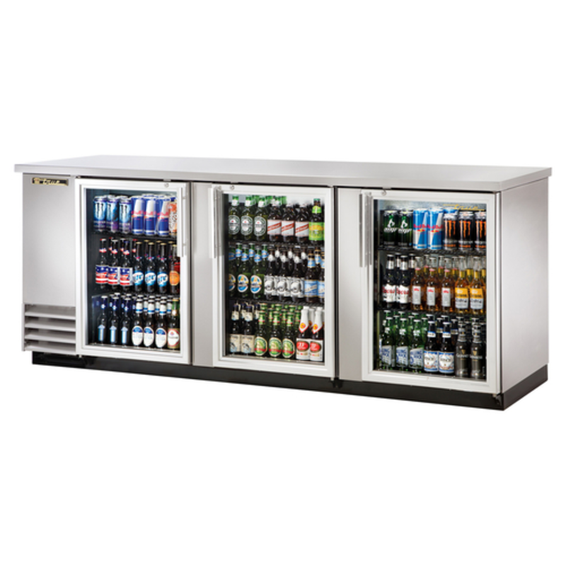 True TBB-4G-S-HC-LD 90-3/8" Stainless Steel 3-Door Glass Back Bar Cooler