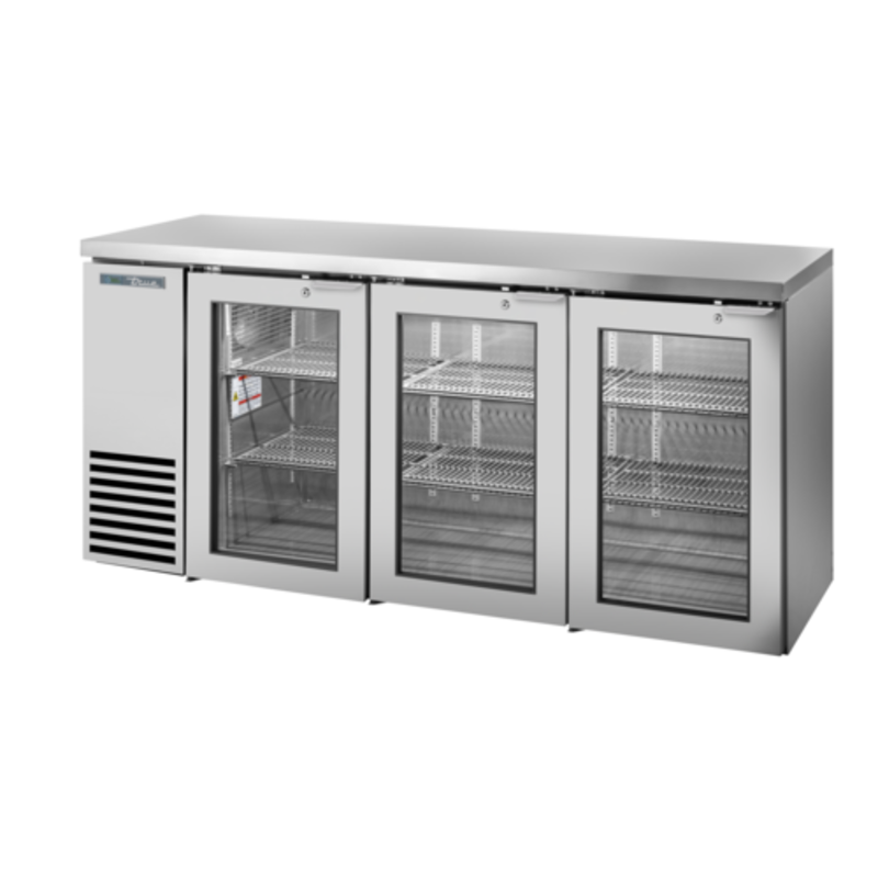 True 72-1/8" 3-Door Glass Back Bar Refrigerator with Stainless Exterior TBB24-72-3G-Z1-SFT-S-1