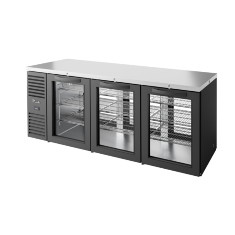 True Refrigeration TBR84-PTSZ1-L-B-GGG-GGG-1 84" Glass Door Pass-Through Back Bar Cooler
