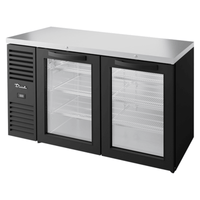 True TBR60-RISZ1-L-B-GG-1 60-Inch 2-Door Glass Back Bar Refrigerator - Black with Stainless Counter