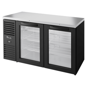 True TBR60-RISZ1-L-B-GG-1 60-Inch 2-Door Glass Back Bar Refrigerator - Black with Stainless Counter