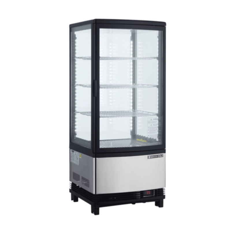 Maxx Cold MECR-31D countertop reach-in merchandiser with clear glass display for optimal product visibility.
