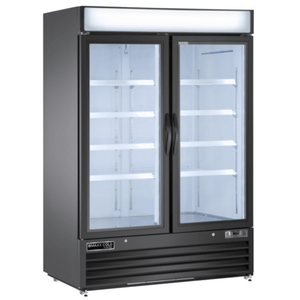 Maxx Cold MVMR48B 48 Cu. Ft. glass door merchandiser refrigerator with double pane glass doors and LED lighting.