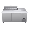 Maxx Cold MVPP70HC 66.8-inch refrigerated pizza preparation table with top rail and storage compartments.