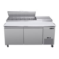 Maxx Cold MVPP70HC 66.8-inch refrigerated pizza preparation table with top rail and storage compartments.