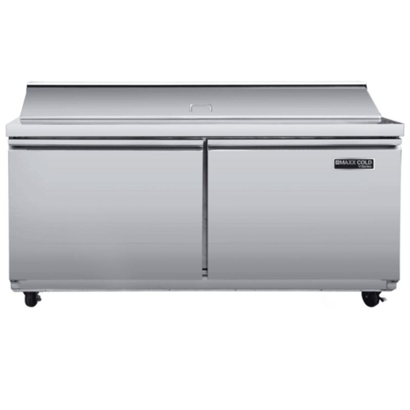 Maxx Cold MVR60SHC 61.2" Sandwich Salad Prep Station with stainless steel finish and cutting board.