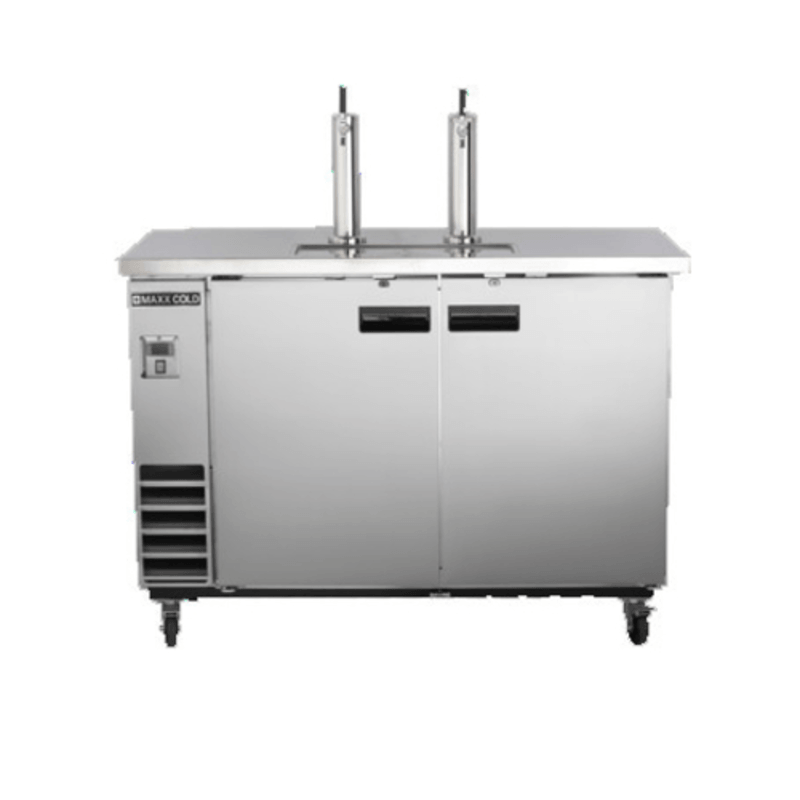 Maxx Cold MXBD60-2SHC 60-inch dual tower beer dispenser for bars and restaurants with dual taps and stainless steel finish.