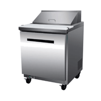 Maxx Cold MXCR29SHC refrigerated salad sandwich prep table with stainless steel finish and rolling casters.
