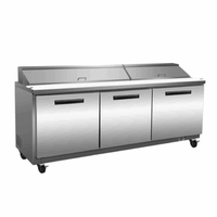 Stainless steel Maxx Cold refrigerated sandwich prep station with three doors and an insulated top for food preparation.