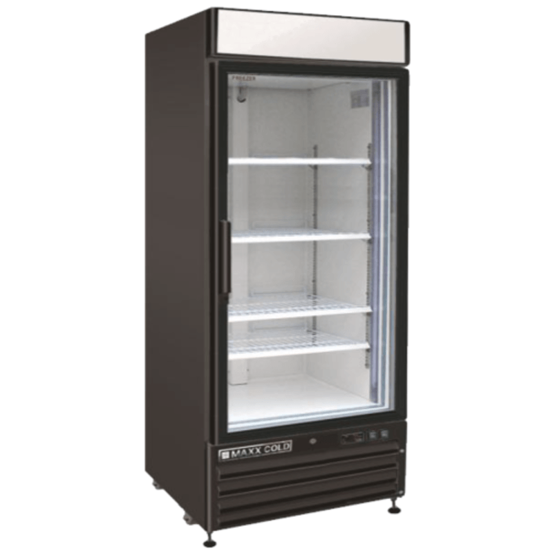 Maxx Cold MXM1-16RBHC single glass door display refrigerator with adjustable shelves for commercial use.