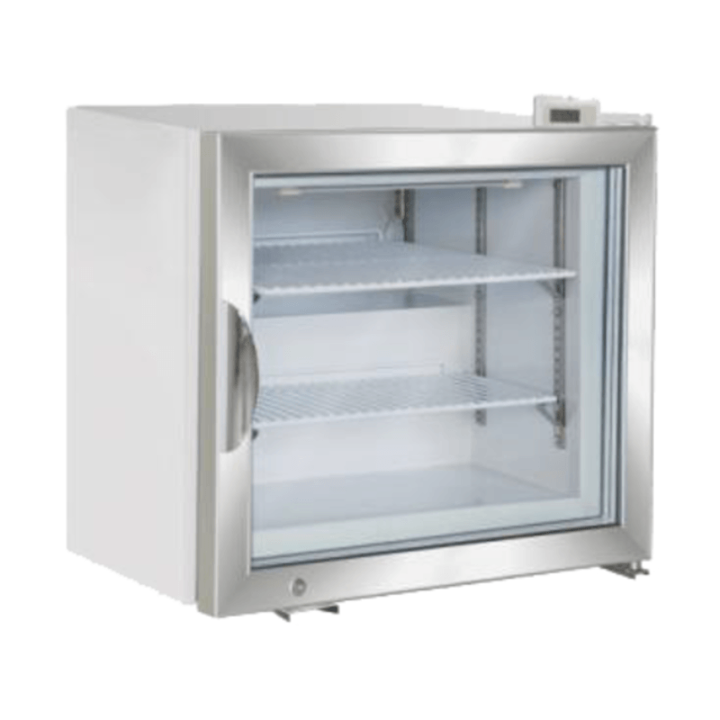 Maxx Cold MXM1-2RHC 22.4-Inch Countertop Display Refrigerator with glass door and shelves.