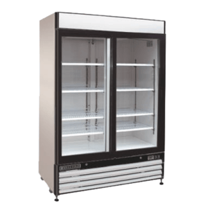 Maxx Cold MXM2-48RSHC 54-inch refrigerated glass door merchandiser with double sliding doors.