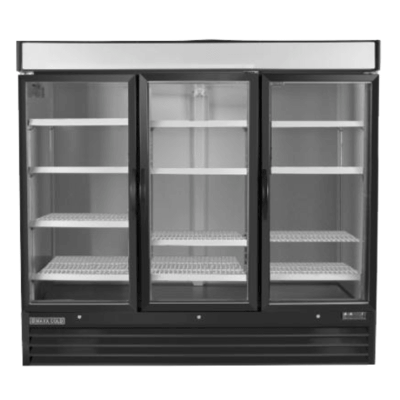 Maxx Cold MXM3-72FBHC 81-inch glass door freezer merchandiser with triple glass doors and shelves.