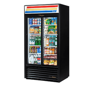 True GDM-33-HC-LD 39.5" 2-Sliding Door Display Refrigerator in Black