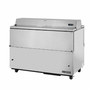 True 58-Inch Stainless Steel Dual-Sided Mobile Milk Station for cafeterias and dining halls.