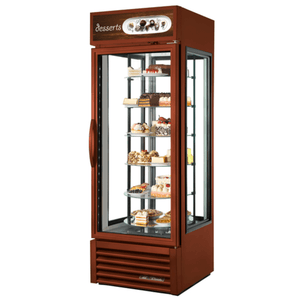 True G4SM-23RGS-HC~TSL01 27" specialty rotating glass dessert merchandiser showcasing assorted desserts.