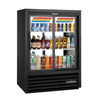 True GDM-33CPT-54-HC-LD pass-thru refrigerated glass door merchandiser showcasing various beverages for retail.