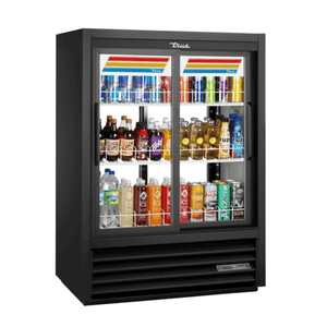 True GDM-33CPT-54-HC-LD pass-thru refrigerated glass door merchandiser showcasing various beverages for retail.