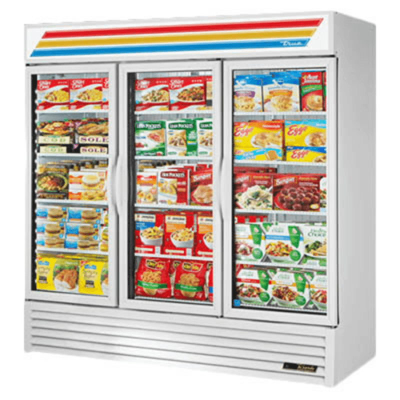 True GDM-72F-LTF-HC~TSL01 three-door frozen food merchandiser showcasing various frozen food products.