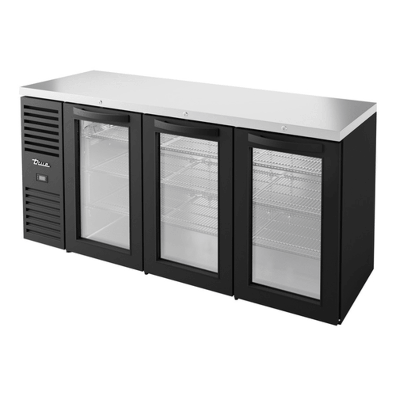 True Refrigeration TBR72-RISZ1-L-B-GGG-1 72-inch glass back bar refrigerator with three glass doors.