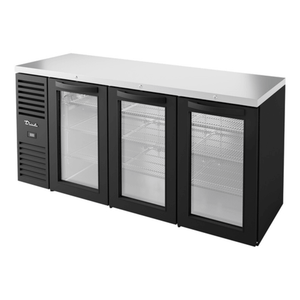 True Refrigeration TBR72-RISZ1-L-B-GGG-1 72-inch glass back bar refrigerator with three glass doors.