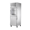 True Refrigeration STG1R-1HG/1HS-HC reach-in commercial refrigerator with half doors in stainless steel finish.