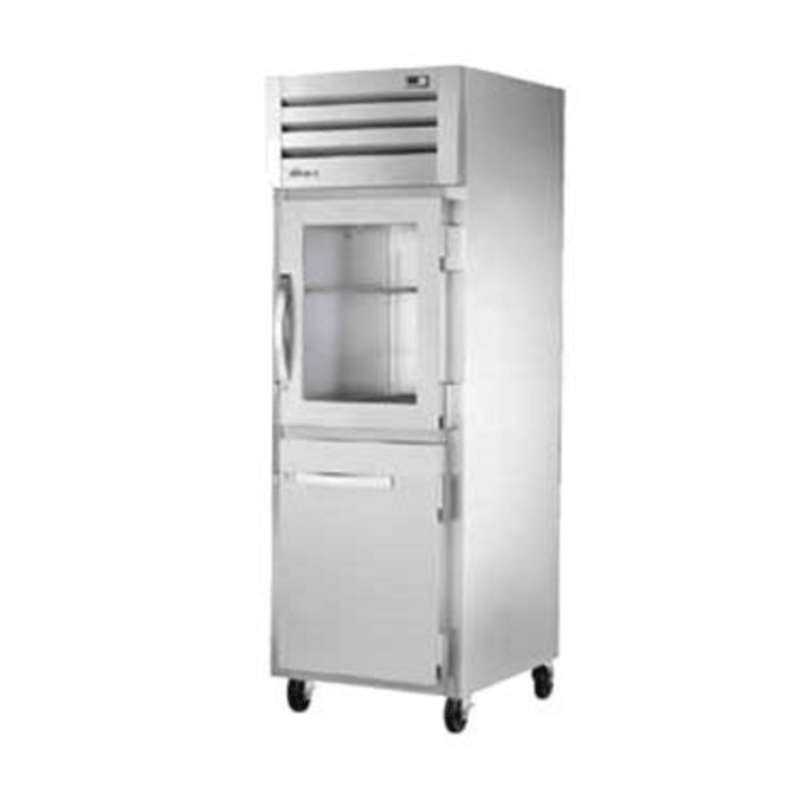 True Refrigeration STG1R-1HG/1HS-HC reach-in commercial refrigerator with half doors in stainless steel finish.