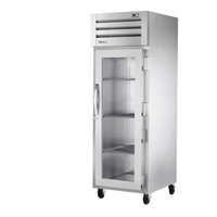 True Refrigeration glass door reach-in refrigerator with glass swing door and shelves for food storage.