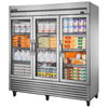 True Refrigeration T-72G-HC~FGD01 glass reach-in cooler for commercial use displaying various food items.
