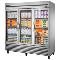 True Refrigeration T-72G-HC~FGD01 glass reach-in cooler for commercial use displaying various food items.
