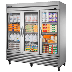 True Refrigeration T-72G-HC~FGD01 glass reach-in cooler for commercial use displaying various food items.