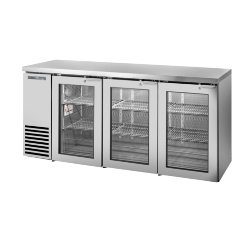 True Refrigeration TBB24-72-3G-Z1-SFT-S-1 72-1/8" refrigerated back bar cabinet with glass doors.