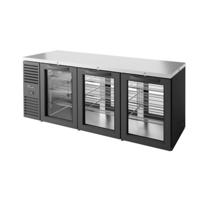 True Refrigeration TBR84-PTSZ1-L-B-GGG-GGG-1 84" Glass Door Pass-Through Back Bar Cooler