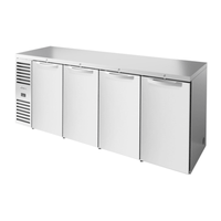 Stainless steel back bar refrigerator with four doors for efficient beverage storage in commercial settings.