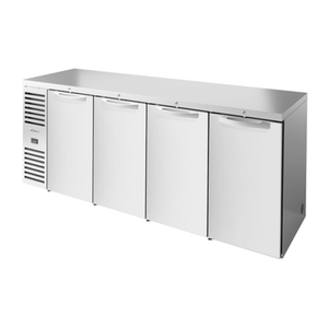 Stainless steel back bar refrigerator with four doors for efficient beverage storage in commercial settings.