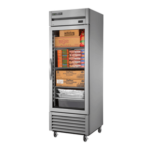 True Refrigeration 27 inch glass door freezer showcasing various frozen food products.