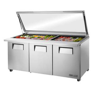 True Refrigeration TSSU-72-30M-B-ST-FGLID-HC 72.38-Inch Mega Top Prep Table with Glass Lid