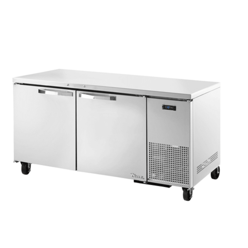 True 67-inch undercounter freezer with stainless steel finish and dual doors for efficient frozen storage.