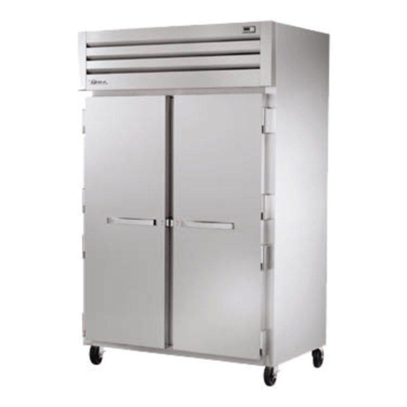True STG2F-2S-HC commercial double reach-in freezer with double solid doors and wheels for easy movement.
