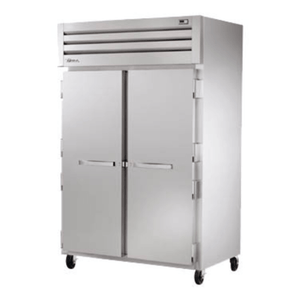 True STG2F-2S-HC commercial double reach-in freezer with double solid doors and wheels for easy movement.