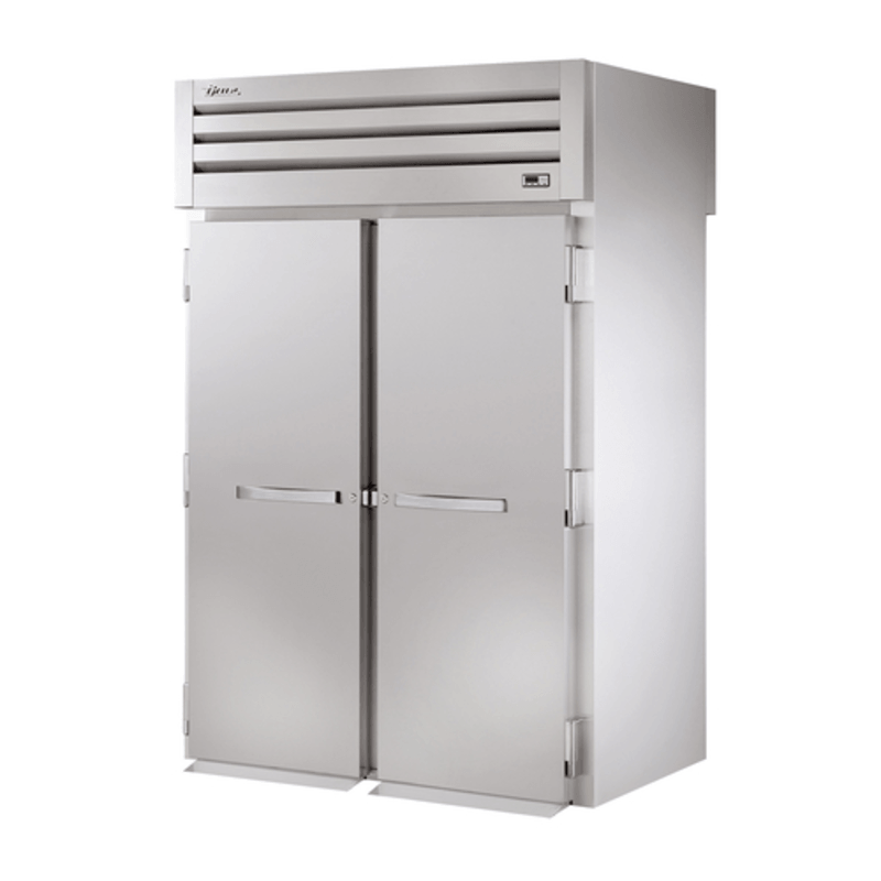 True STG2RRT89-2S-2S-HC pass-through commercial refrigerator with solid doors and streamlined design.