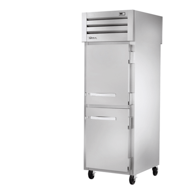 True STR1RPT-2HS-1G-HC 27.5-Inch pass-thru commercial refrigerator with stainless steel finish.