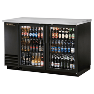 True TBB-2G-HC-LD 58-7/8" Black 2-Door Glass Back Bar Cooler with Stainless Steel Top
