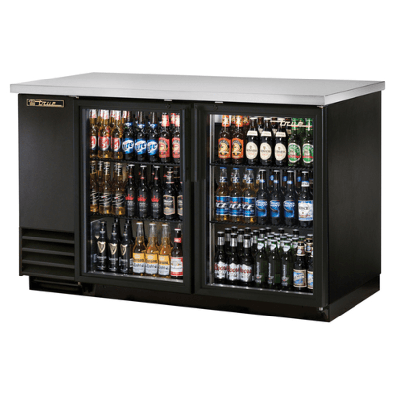 True TBB-2G-HC-LD 58-7/8" Black 2-Door Glass Back Bar Cooler with Stainless Steel Top