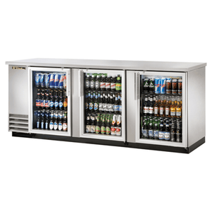 True TBB-4G-S-HC-LD 90-3/8" Stainless Steel 3-Door Glass Back Bar Cooler
