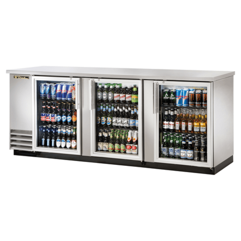 True TBB-4G-S-HC-LD 90-3/8" Stainless Steel 3-Door Glass Back Bar Cooler