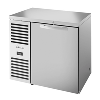 True 36 inch back bar refrigerator with a stainless steel finish and single door design.