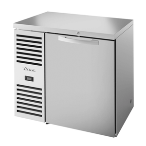 True 36 inch back bar refrigerator with a stainless steel finish and single door design.